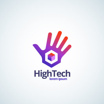 High Technology Absrtract Vector Sign, Symbol or Logo Template. Palm Hand with Cube Gradient Icon with Modern Typography.
