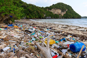 Beach plastic pollution - obrazy, fototapety, plakaty