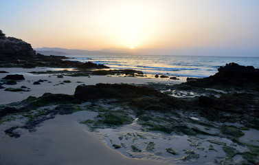Sunrise by the Sea with Low Tide in Fuerteventura, Canary Islands