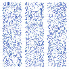 Painted by hand style pattern on the theme of childhood. Vector illustration for children design. Drawing on squared notebook.