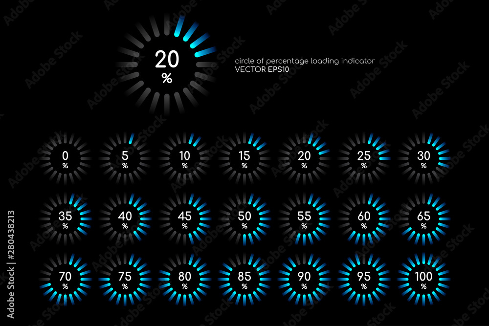 Aufkleber Set of circle percentage diagrams blue green light isolated on black background for loading icon, progress or infographics design elements.Vector illustration.