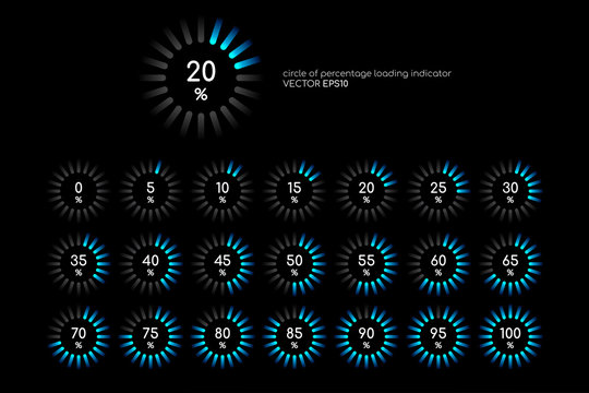 Set of circle percentage diagrams blue green light isolated on black background for loading icon, progress or infographics design elements.Vector illustration.