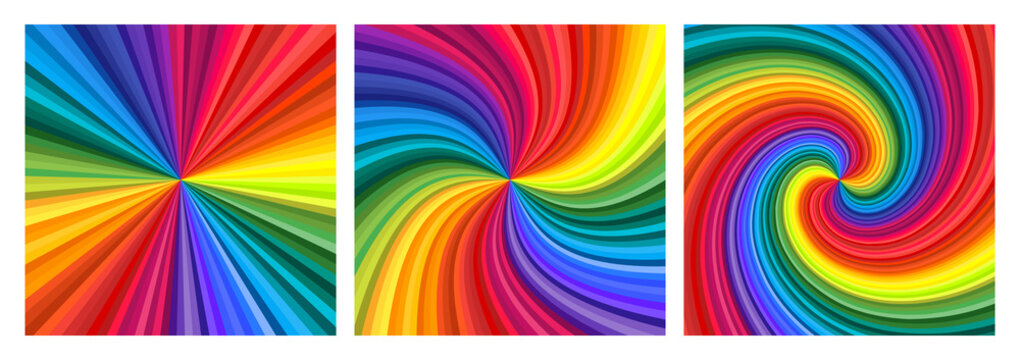 Backgrounds set of vivid rainbow colored swirl twisting towards center. Vector illustration