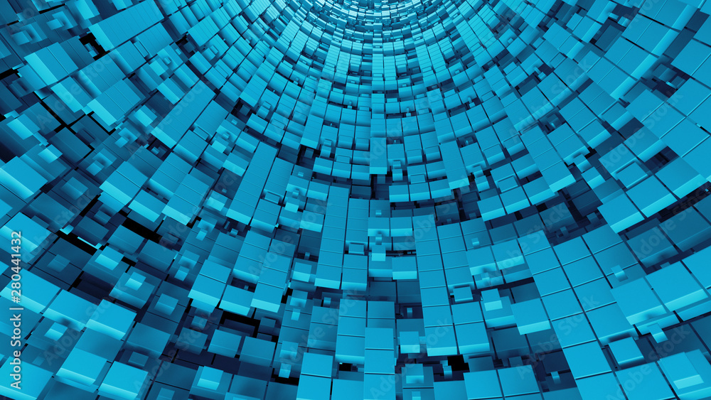 Poster 3d digital background with circular surface broken into square fragments. digital theme.