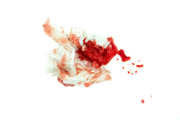 Used crumpled tissue paper bloody at white background