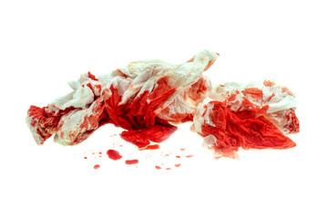 Used crumpled tissue paper bloody at white background