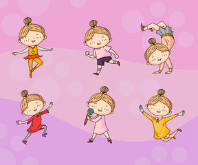 Vector set of playing creative children in doodle style, kids drawing on soft backround.