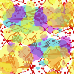 Seamless pattern of multicolored spots, lines and points. Yellow, red, turquoise, lilac abstract elements with translucency and overlapping.