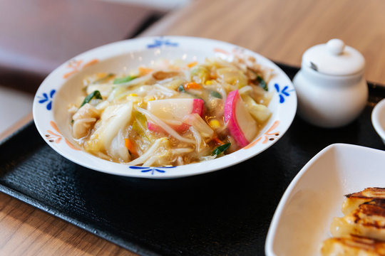 Champon Ramen (a noodle dish that is a regional cuisine of Nagasaki, Japan) with Pork, Shrimp, Scallion, Sprout, Carrot, Cabbage, Corn and Kamaboko.