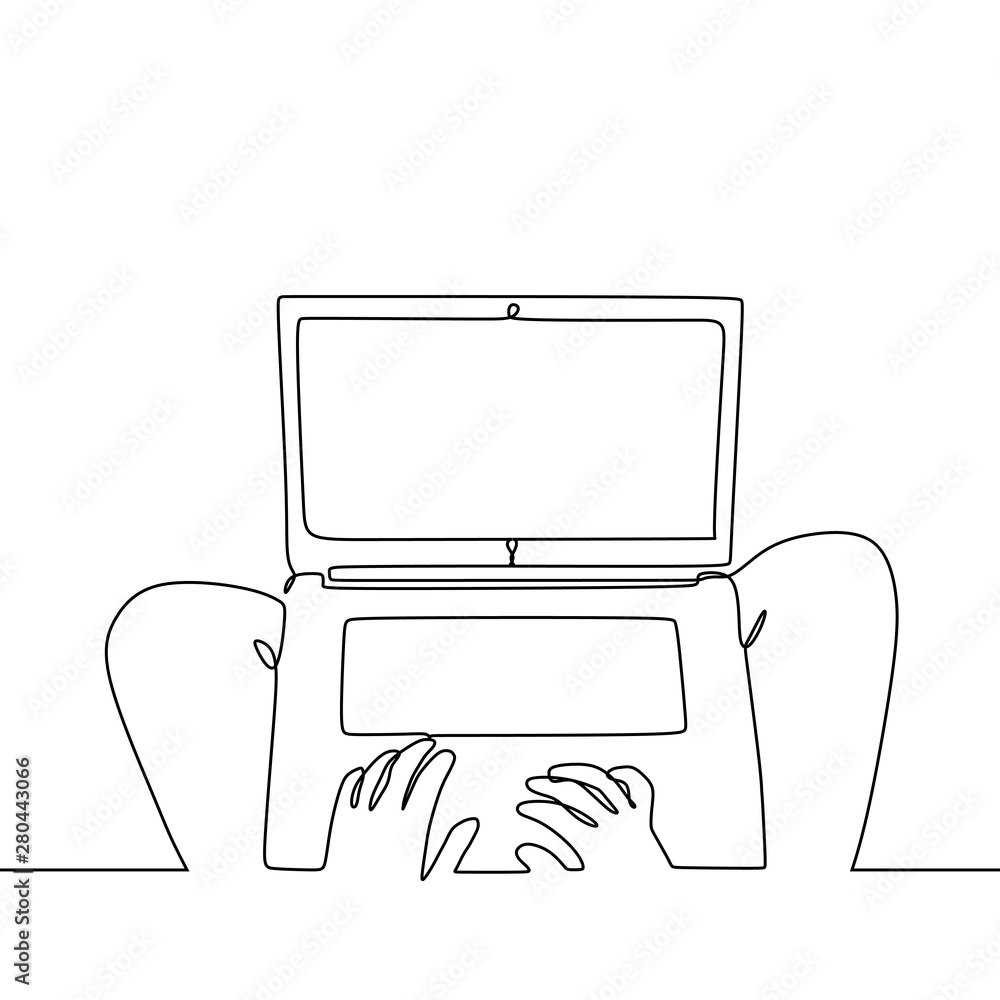 Poster continuous line drawing of write typing on laptop minimalist design
