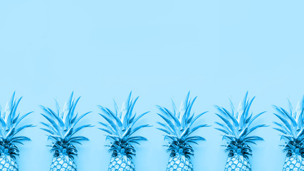 Fototapeta na wymiar Creatively toned pineapples at the blue solid drop with place for text. Trendy modern monochrome background. Horizontal