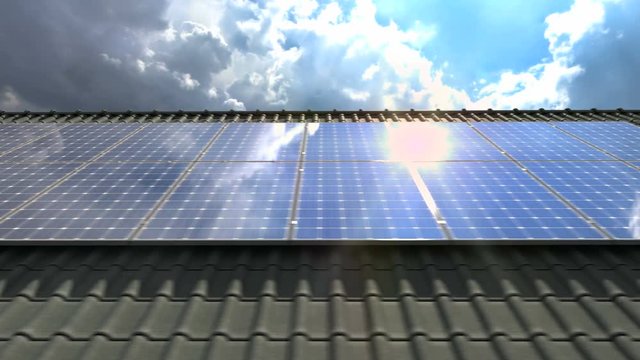 Solar panels modules on roof on a clear sunny day - 4k