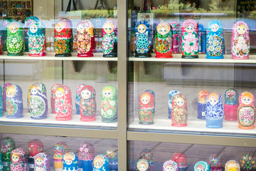 Rostov-on-Don, Russia - July, 2019: Showcase of a kiosk with souvenirs for tourists, sale of colorful matryoshkas