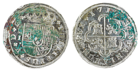Ancient Spanish silver coin of the King Felipe V. 1717. Coined in Madrid. 2 reales.