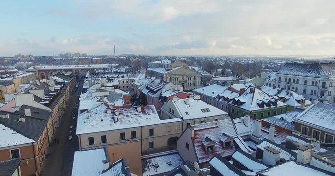 Winter aerial drone view of small town in 4K