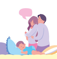 mom and dad taking care baby in bed