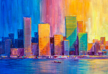 Abstract painting of urban skyscrapers. - obrazy, fototapety, plakaty