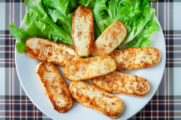 fried suluguni cheese, lettuce leaves