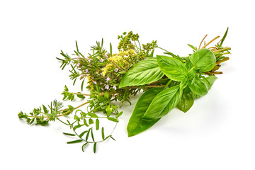 Fresh spices and herbs, basil, parsley, thyme, dill, isolated on white background