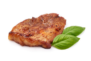 Baked juicy pork steak, isolated on white background