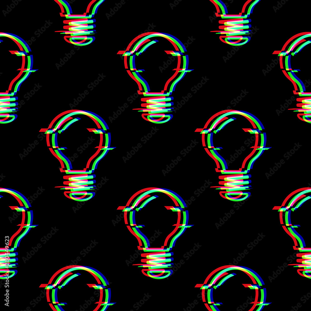 Fototapete vector seamless pattern with light bulb line symbol in glitch style. electric lamp. icon of idea iso