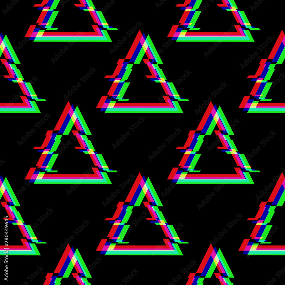Poster vector seamless pattern with symbol of triangle in glitch style. geometric glitched icon isolated on
