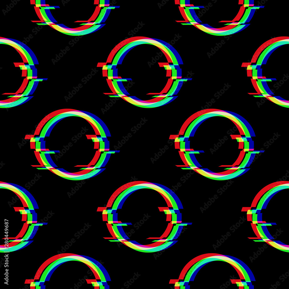 Poster vector seamless pattern with symbol of circle in glitch style. round geometric glitched icon isolate