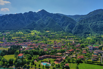 Aerial photography with drone. Panoramic view of the Alps north of Italy.