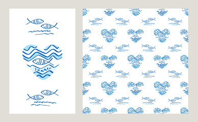 Set of summer card and seamless pattern with hearts, fishes and blue stripes for textile, wallpapers, gift wrap and scrapbook. Vector.