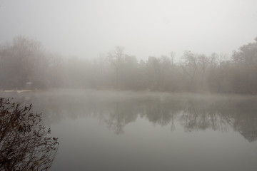 Lake on a foggy morning in early autumn, reflection of trees and bushes in the water