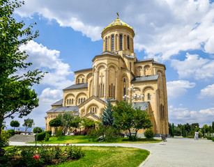 Fototapeta na wymiar Tsminda Sameba Cathedral or Holy Trinity Cathedral. Tbilisi, Georgia 