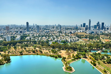 Panorama Tel Aviv overlooking the District of Tel Aviv business center and the lake in Ayarkon Park