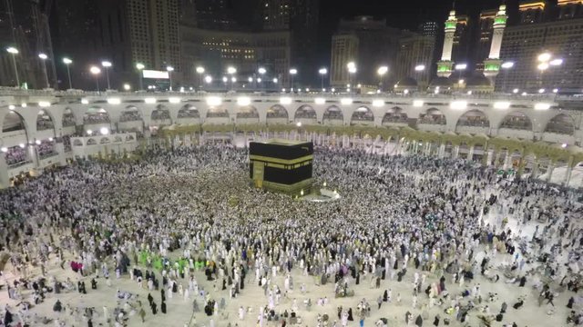 Time lapse video of Muslim pilgrims circling around the holy Kaaba at night during Hajj inside al Masjid al Haram in Mecca, Saudi Arabia