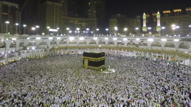 Time lapse video of Muslim pilgrims circling around the holy Kaaba at night during Hajj inside al Masjid al Haram in Mecca, Saudi Arabia