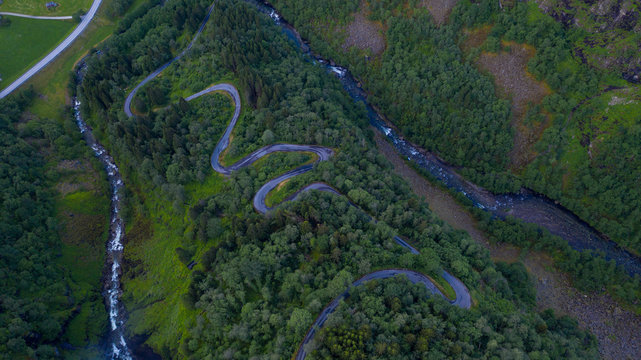 Serpantine road from the drone in Stalheim, Norway. July 2019.