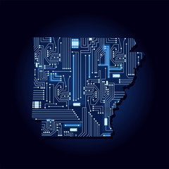 Contour map of Arkansas with a technological electronics circuit. USA state. Blue background.