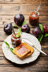Breakfast with toast and plum jam