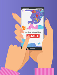 Vector online education concept in flat style. Two Hands holding mobile phone with educational app on the screen. Distant e-learning. Finger pushes start button
