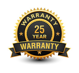 Heavy powerful 25 year warranty badge, seal, stamp, label with ribbon isolated on white background.