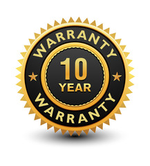 Heavy powerful 10 year warranty badge, seal, stamp, label isolated on white background.