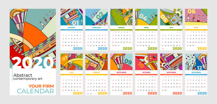 2020 calendar abstract contemporary art vector set. Desk, screen, desktop months 2020, colorful 2020 calendar template, agenda pattern. Psychedelic sketched calendar, day planner. Set 12 month pages.