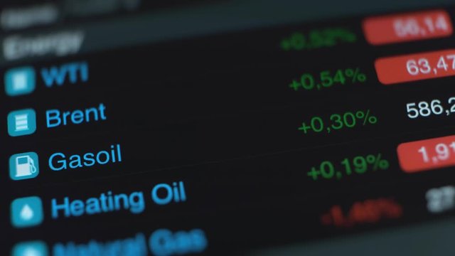 Prices of fuel energy commodities - brent, gasoil, natural gas, heating oil on stock market in smartphone. Video 4K UHD.