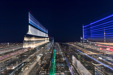 Skyline at night with zoom effect, Manhattan, New York City, USA