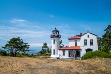 Admiralty Head Lighthouse on Whidbey Island overlooking the Puget Sound of Washington State. Light...