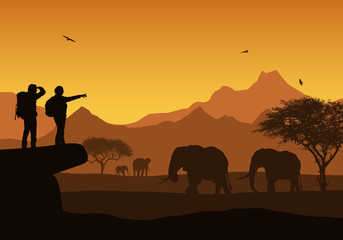 Realistic illustration of African safari with mountain landscape, trees and elephant. Two tourist with backpack and flying bird. Under the orange sky with rising sun, vector © Forgem