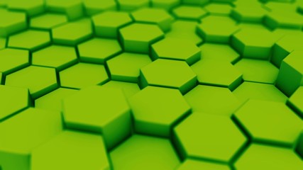 Green hexagonal motion background. 3d render of simple primitives with six angles in front
