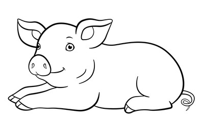 Coloring pages. Little cute piglet lays and smiles.