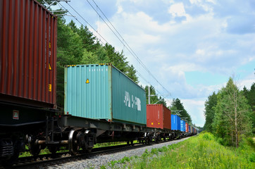 Freight train, transportation of railway cars by cargo containers shipping. Railway logistics...