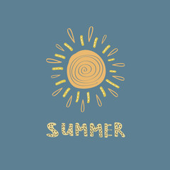 Illustration of yellow sun in the style of a doodle with lettering. Vector flat illustration