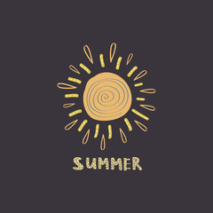 Illustration of yellow sun in doodle style with lettering. Vector flat illustration on black background
